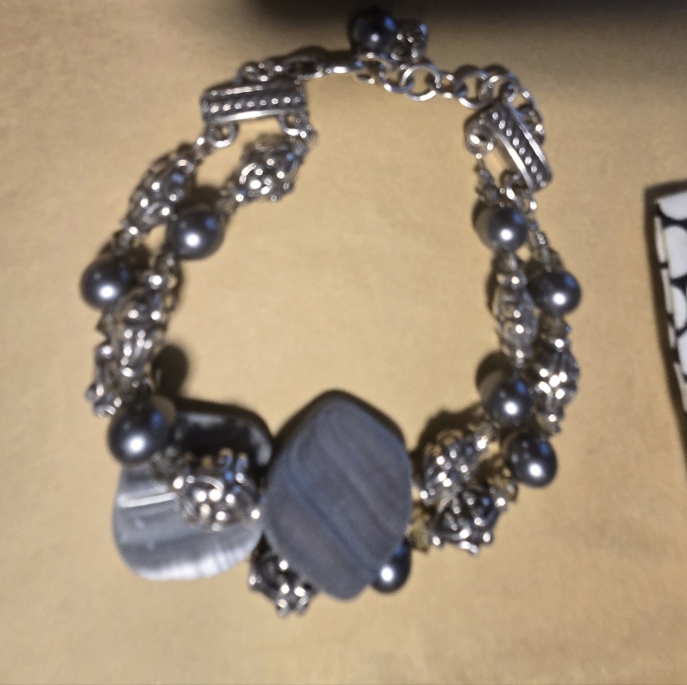 Brighton Vintage Utopia Silver Gray Stone Pearl Bracelet - Picture 3 of 10